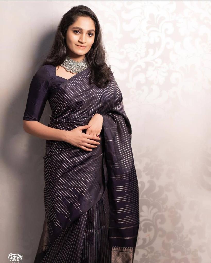 Women's Midnight Black Linen Silk Saree with Metallic Striped Design & Designer Tassel Pallu