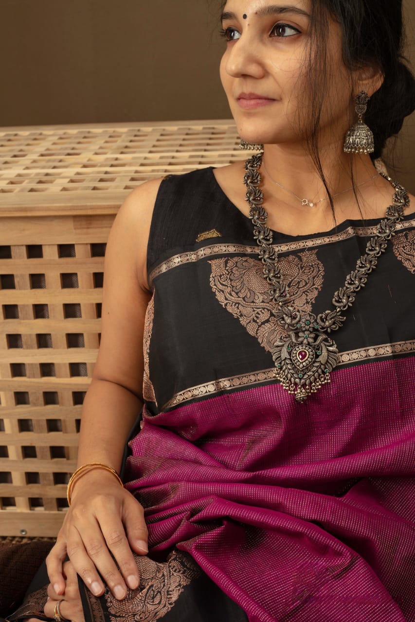 Magenta & Black Banarasi Silk Saree with Rich Zari Border