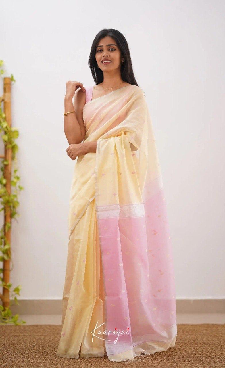 Women's Cream Organza Saree with Soft Pink Contrast Pallu & Delicate Woven Motifs