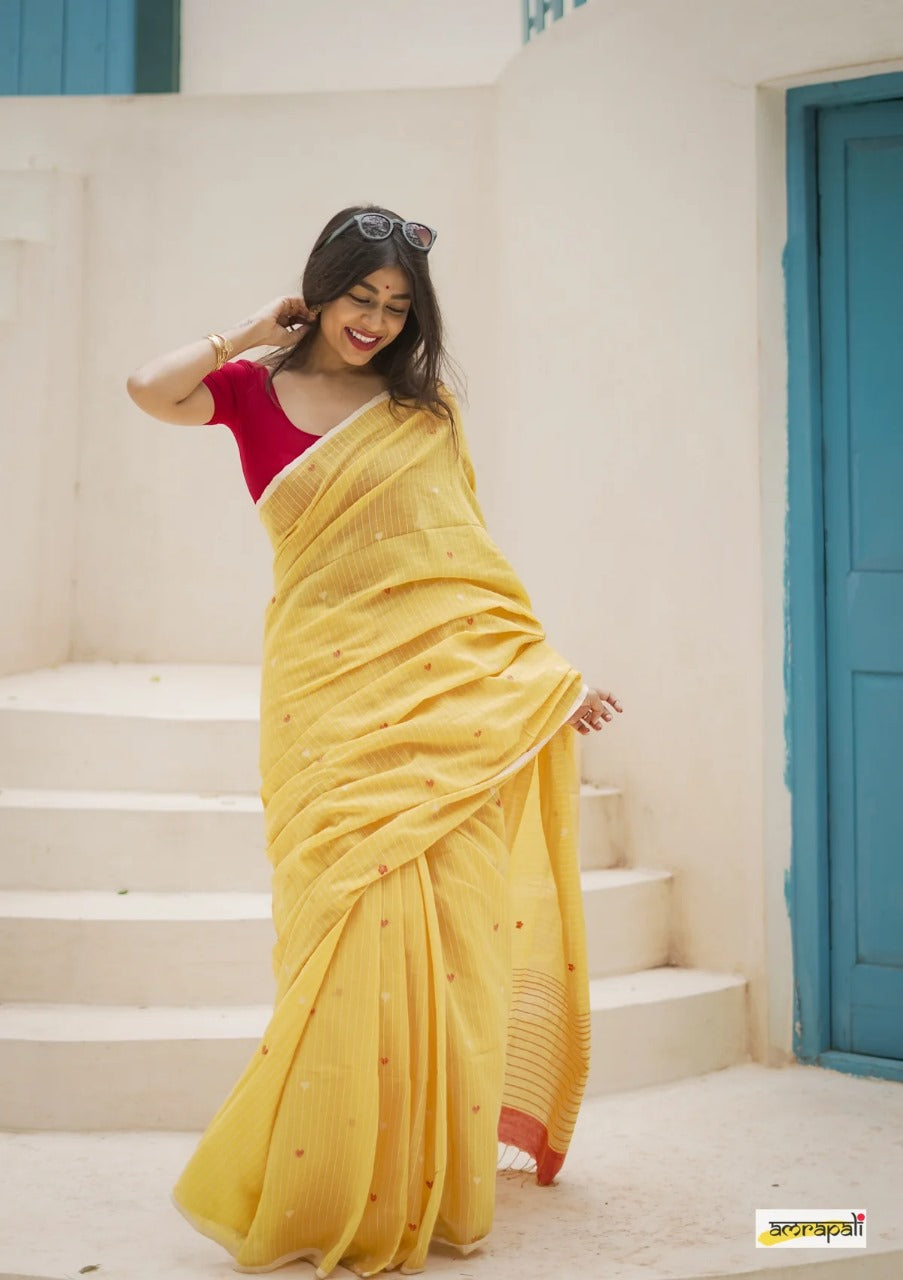 Women's Elegant Yellow Striped Saree with Contrast Red Blouse