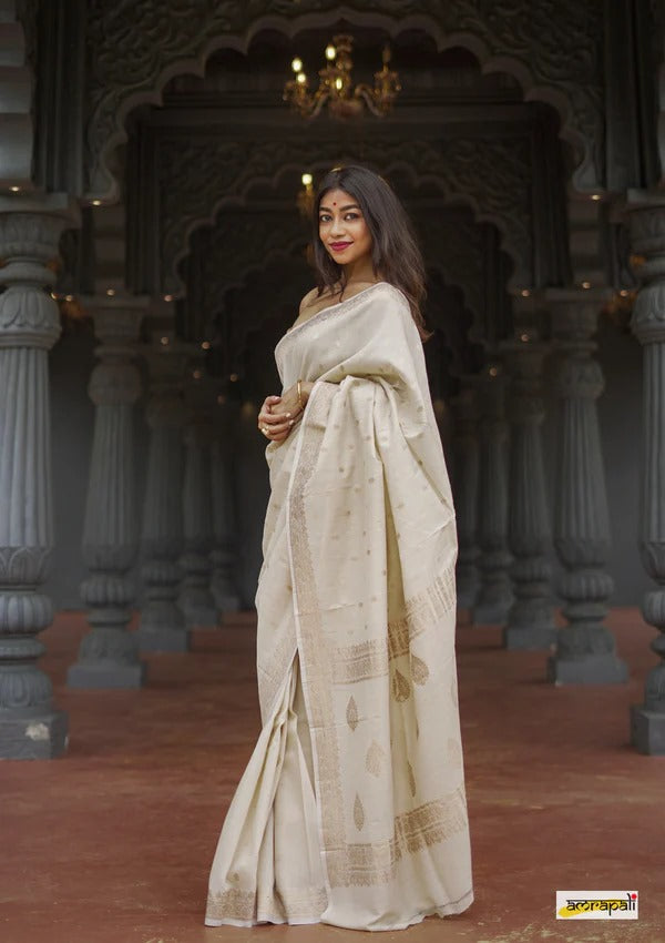 Women's Cream Silk Saree with Golden Zari Border