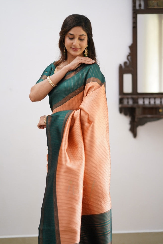 Peach & Teal Soft Silk Saree with Elegant Contrast Border