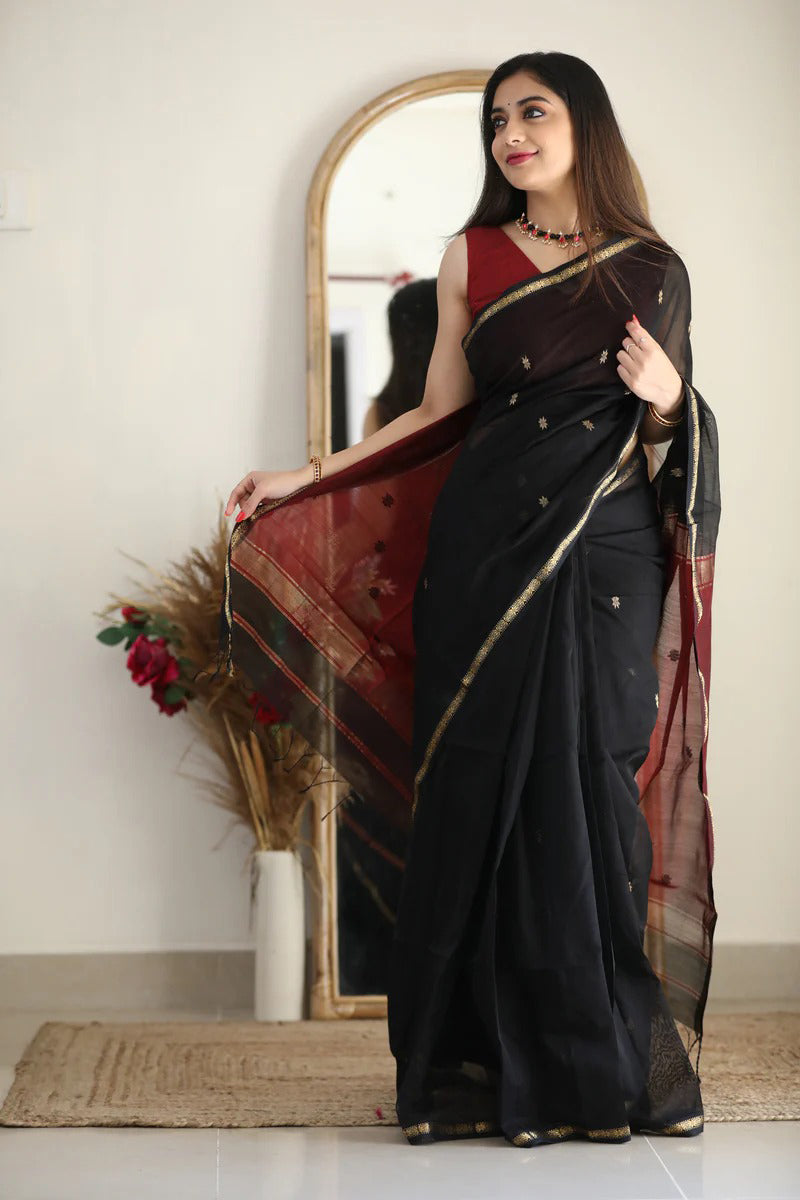 Artistic Black Cotton Silk Saree With Marvellous Blouse Piece