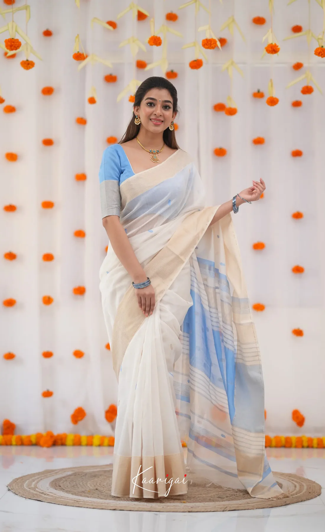 Women's White & Sky Blue Border Saree
