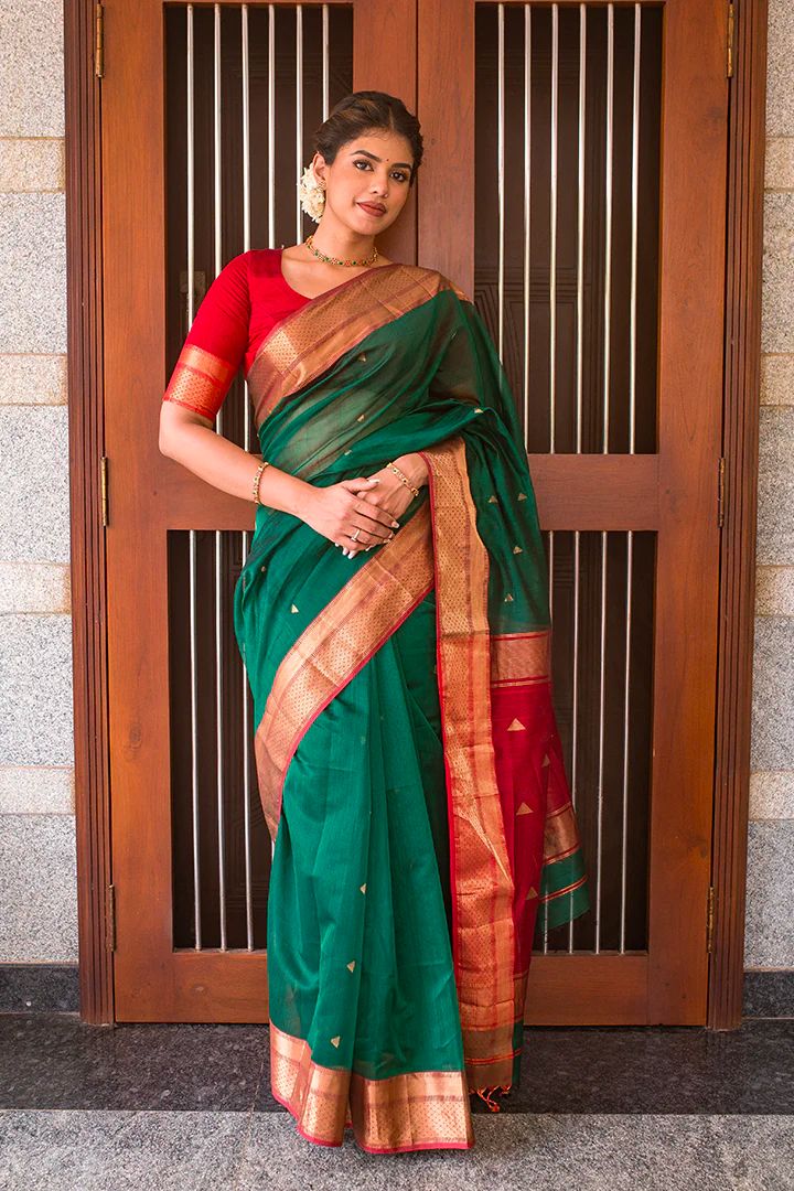 Emerald Green & Red Kanjivaram Silk Saree with Rich Golden Zari Border