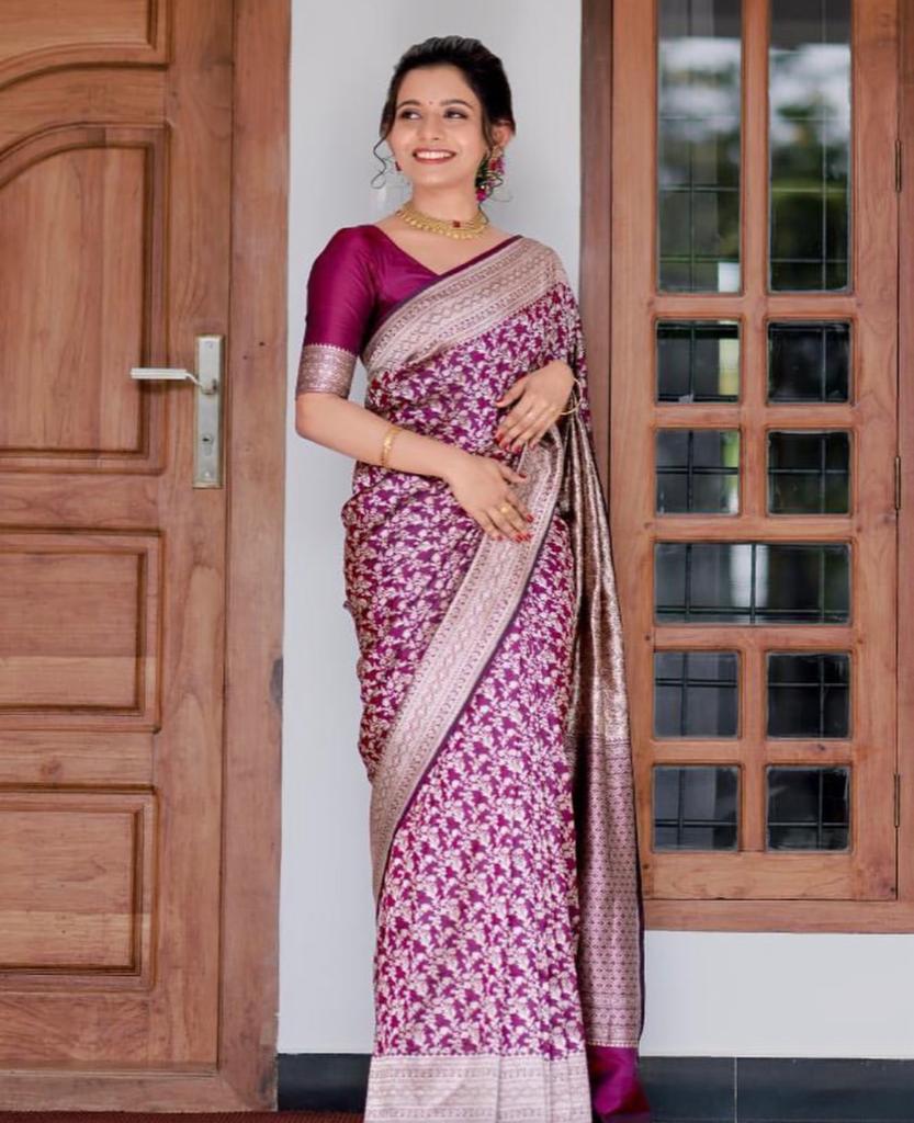 Woven, Embellished, Floral Print, Solid/Plain Kanjivaram Pure Silk, Art Silk Saree (Purple)