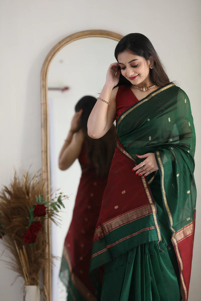 Snazzy Green Cotton Silk Saree With Prodigal Blouse Piece