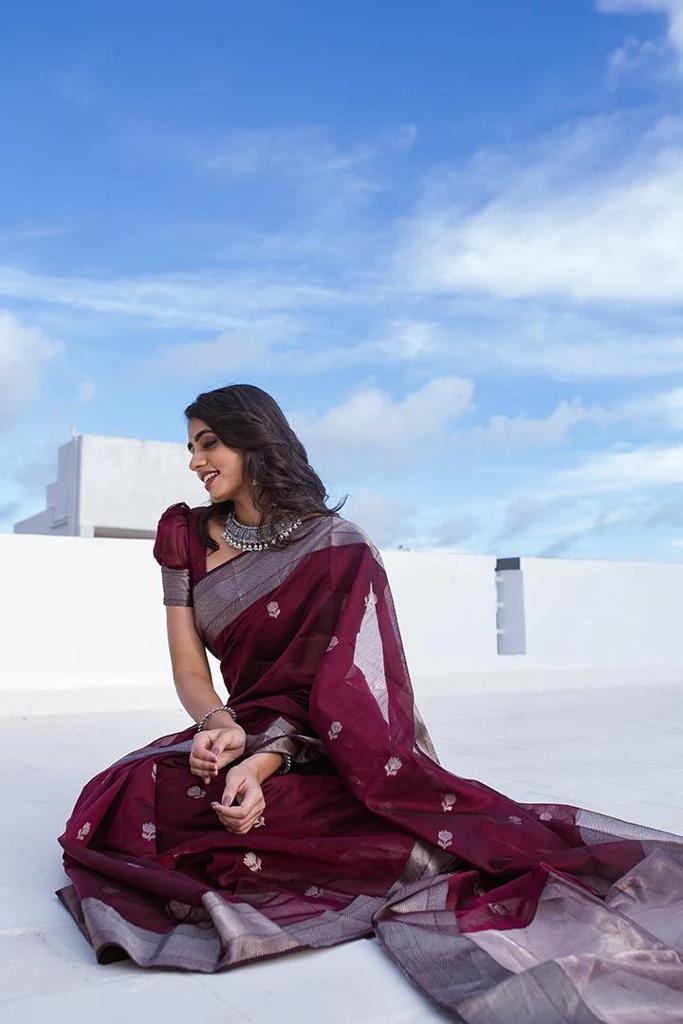 Women's Emerald Wine Saree with Silver Zari Border