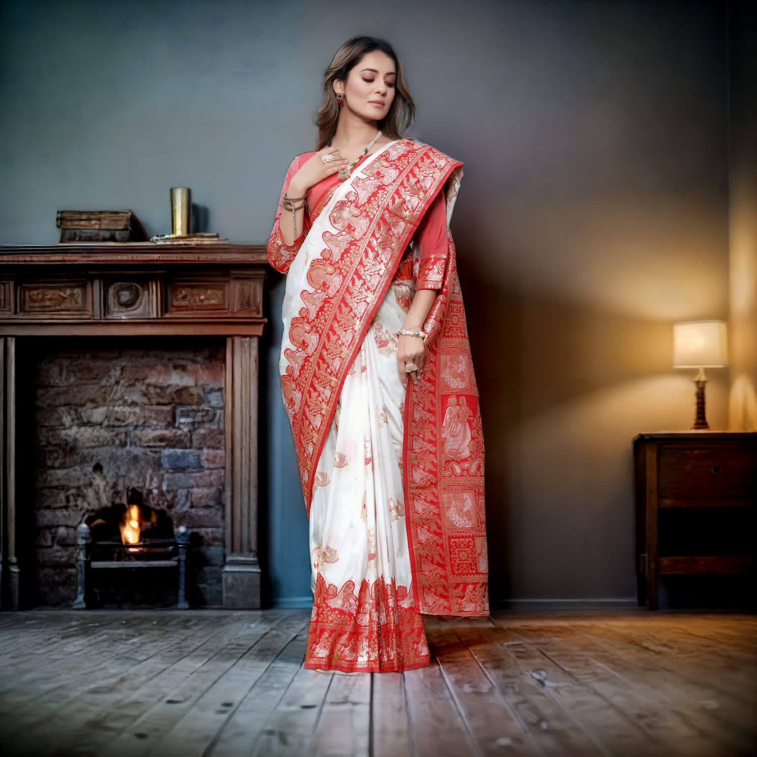 Floral Print Saree with Contrast Border