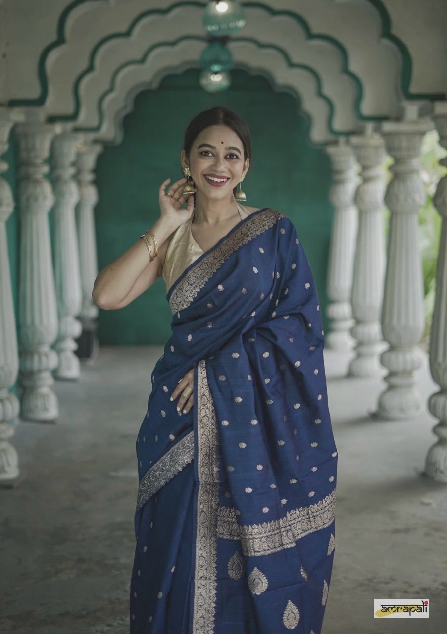 Women's Royal Blue Silk Saree with Golden Zari Border