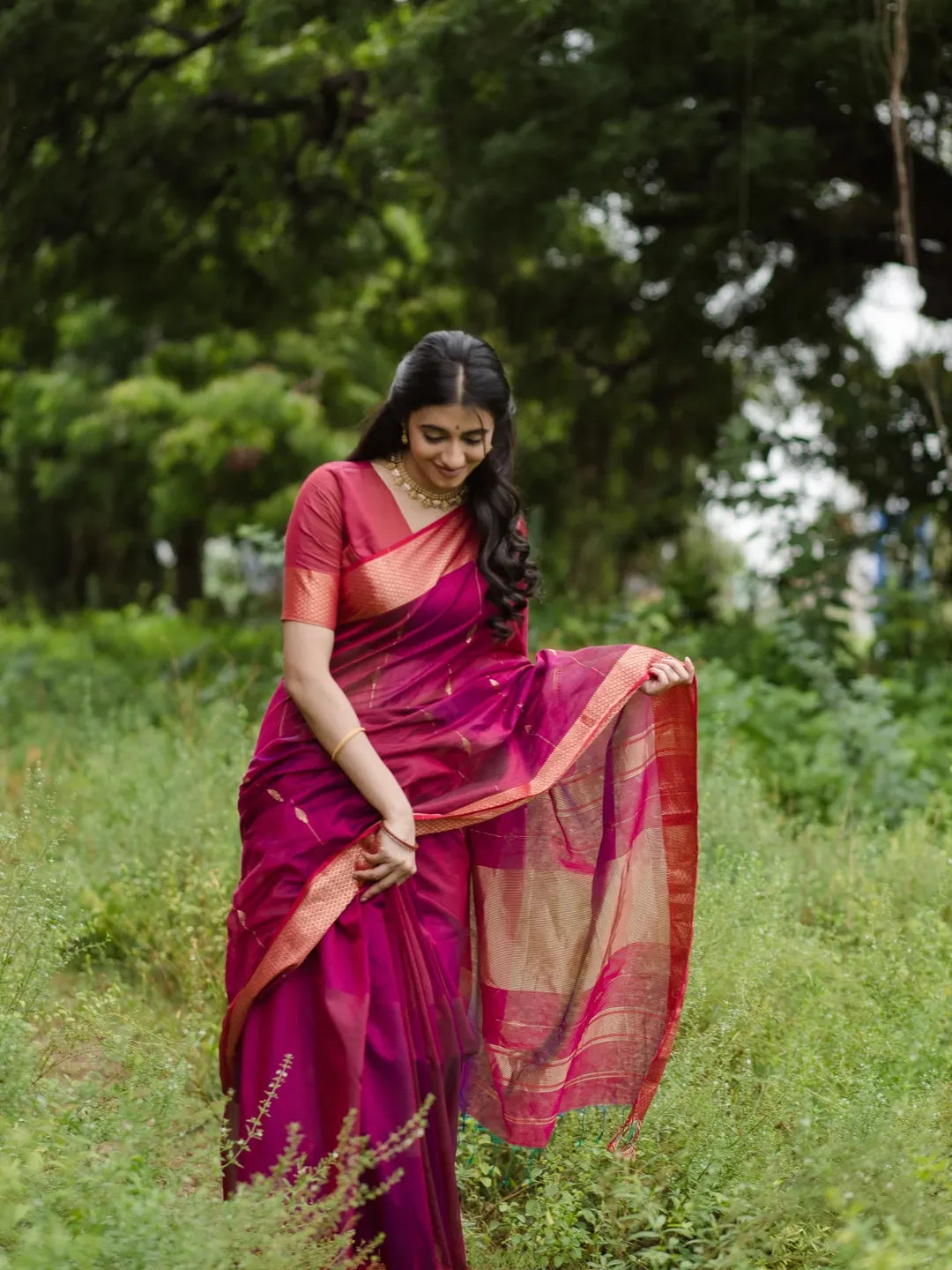 Women's Magenta Pink Silk Saree with Golden Zari Border