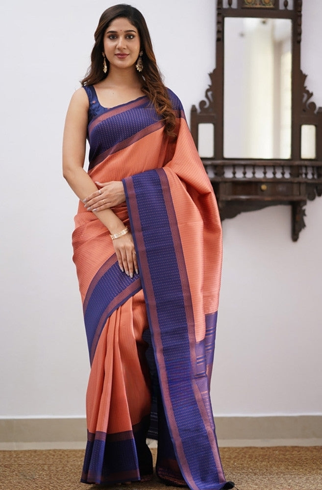 Peach & Royal Blue Soft Silk Saree with Elegant Contrast Border