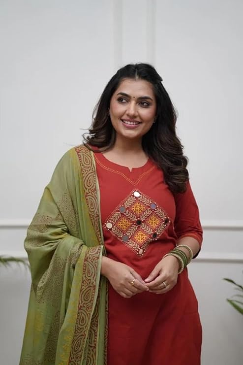 Embroidered Cotton Kurta Pant Set with Dupatta