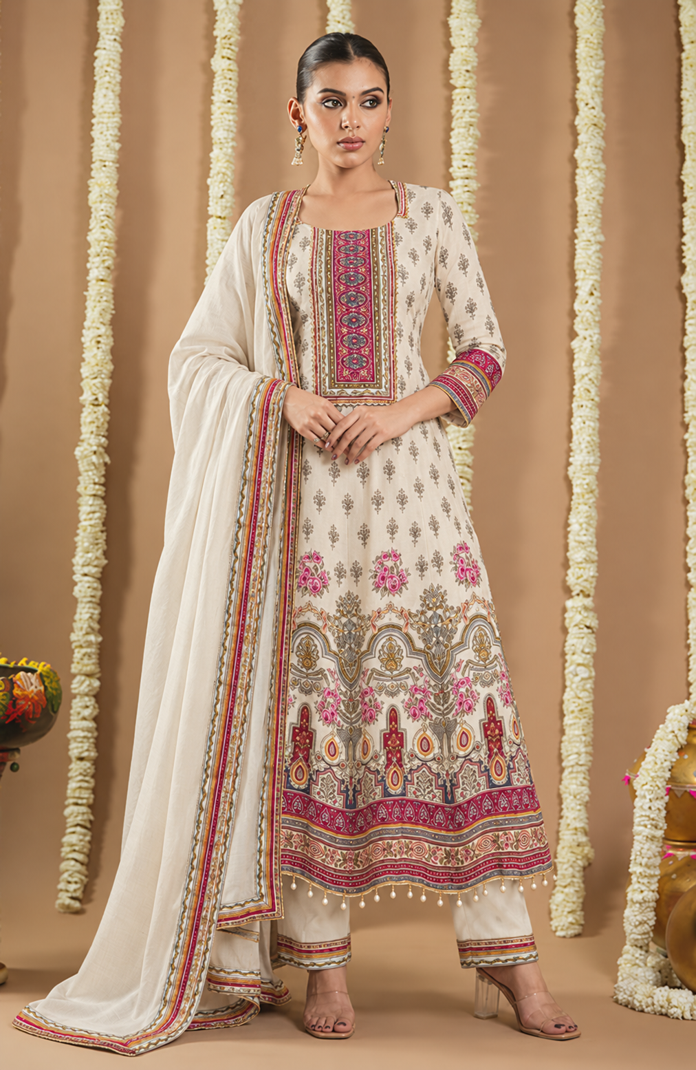 Cream Printed Anarkali Suit Set