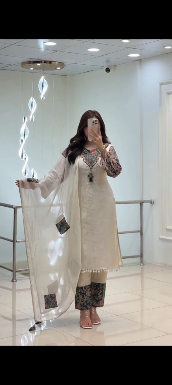 Elegant Ivory Embroidered Kurta Set with Red Floral Dupatta