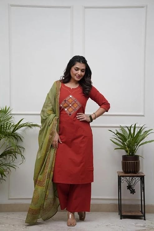 Embroidered Cotton Kurta Pant Set with Dupatta
