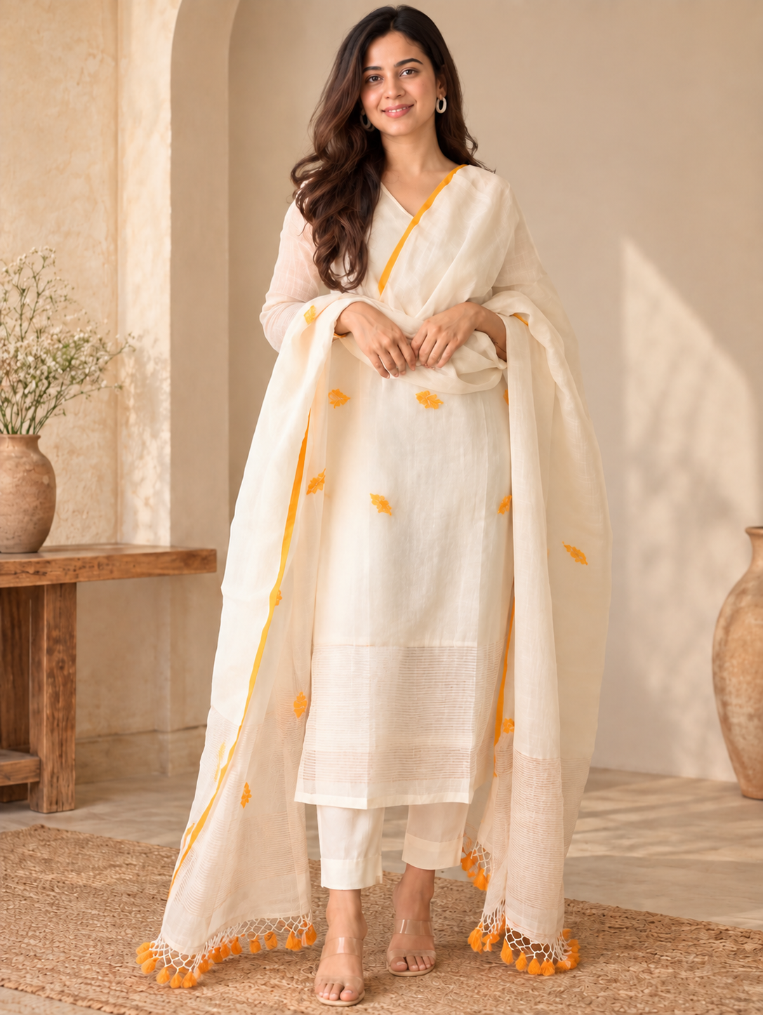 Ivory Embroidered Kurta Set with Orange Border Dupatta