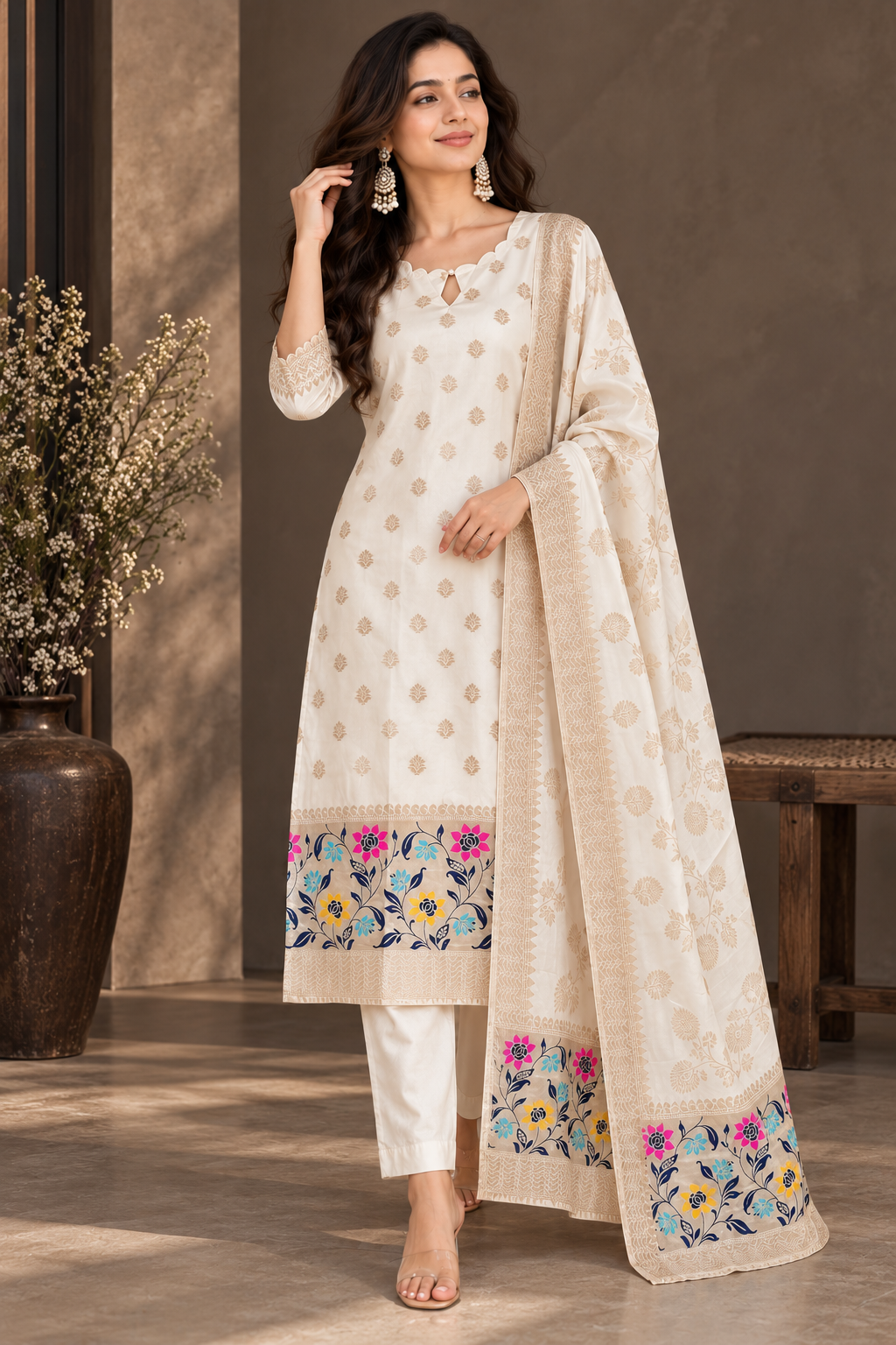 Elegant Ivory Gold Floral Printed Kurta Set with Dupatta for Women