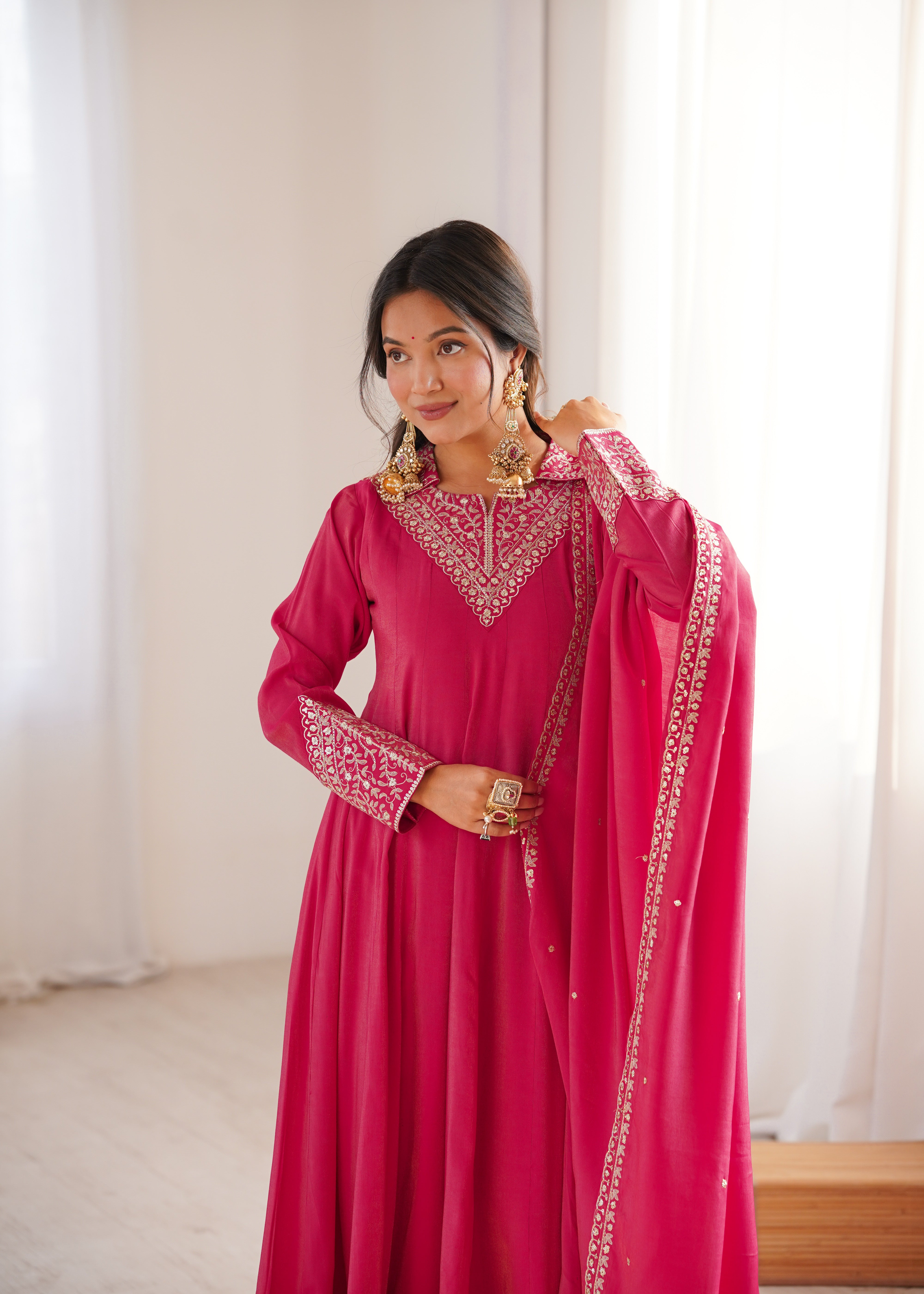 Premium Pink Embroidered Anarkali Suit Set with Dupatta – Festive & Wedding Wear