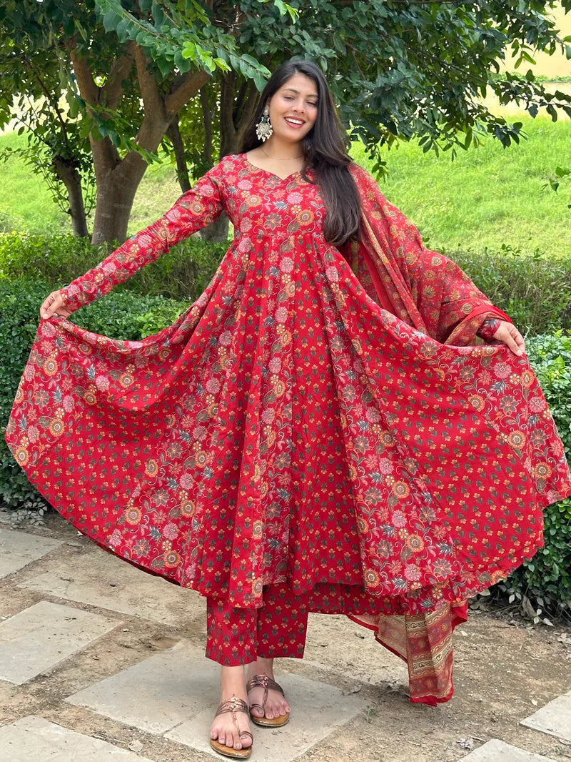 Red Floral Printed Anarkali Kurta Set with Matching Dupatta