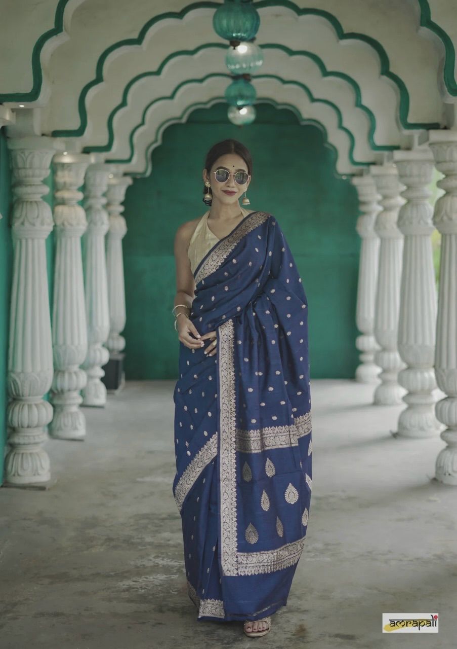 Women's Royal Blue Silk Saree with Golden Zari Border
