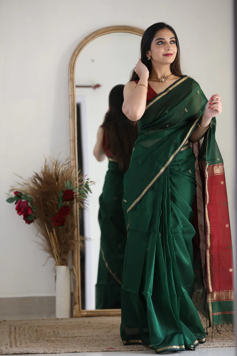 Snazzy Green Cotton Silk Saree With Prodigal Blouse Piece