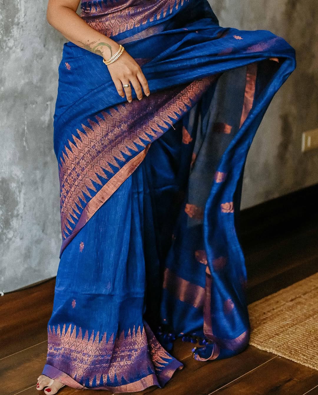 Women's Royal Blue Silk Saree with Copper Zari Border