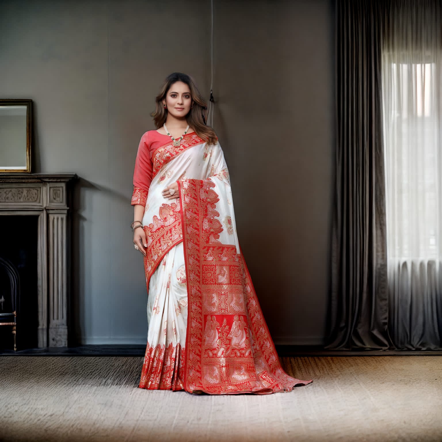 Floral Print Saree with Contrast Border