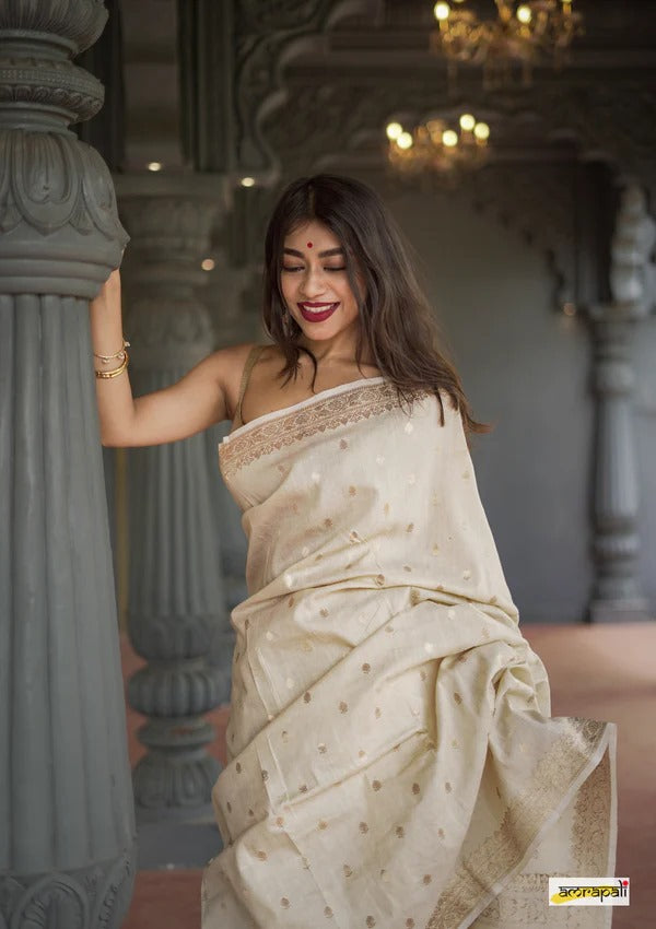 Women's Cream Silk Saree with Golden Zari Border