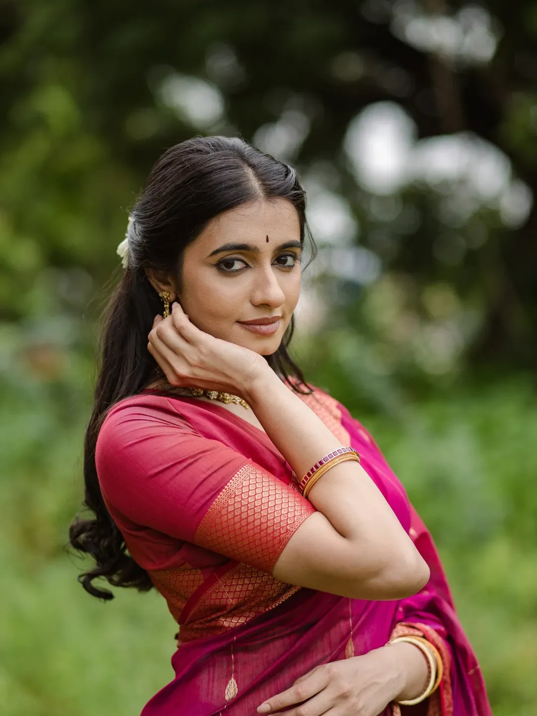 Women's Magenta Pink Silk Saree with Golden Zari Border