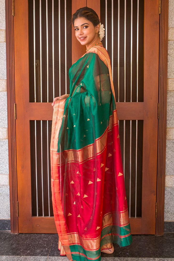 Emerald Green & Red Kanjivaram Silk Saree with Rich Golden Zari Border