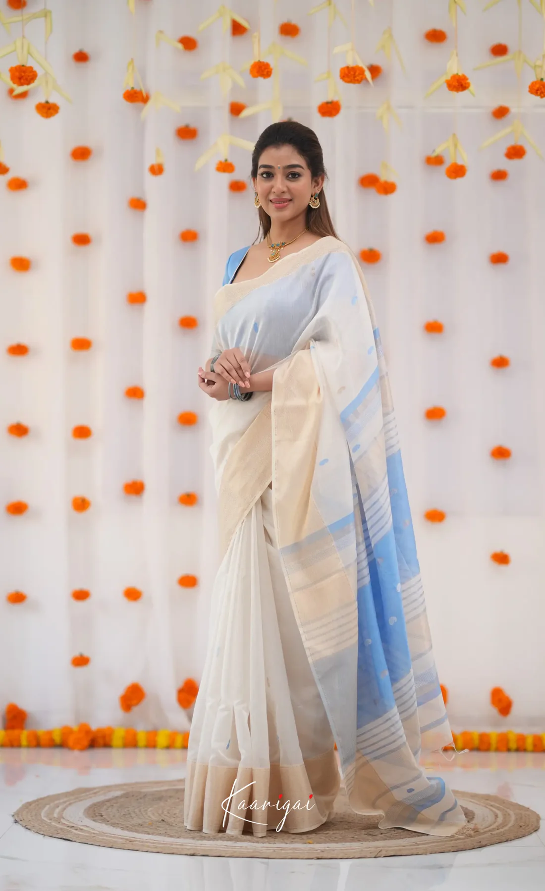 Women's White & Sky Blue Border Saree