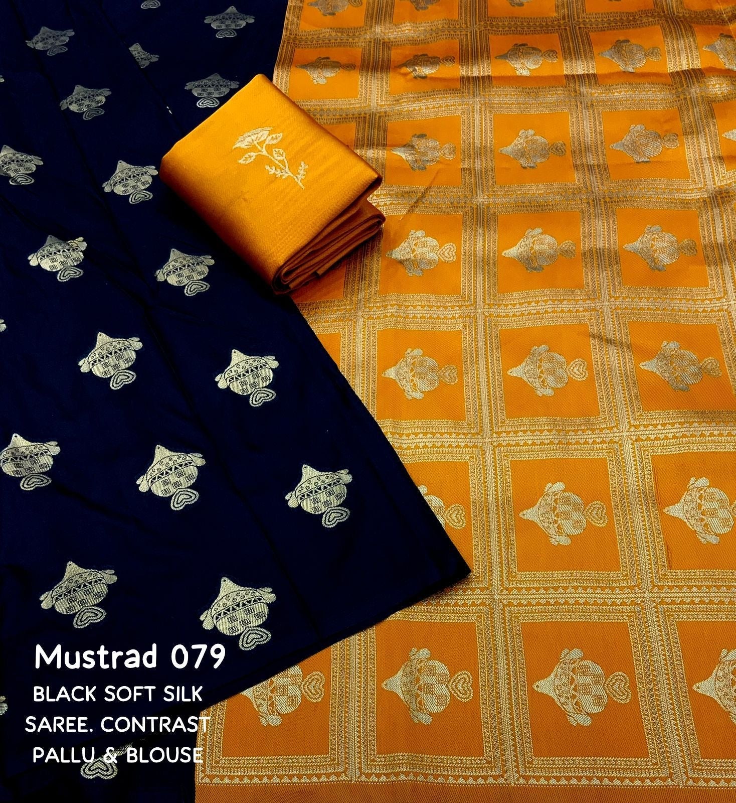 Women's Black Silk Blend Saree with Golden Woven Motifs & Mustard Yellow Contrast Pallu
