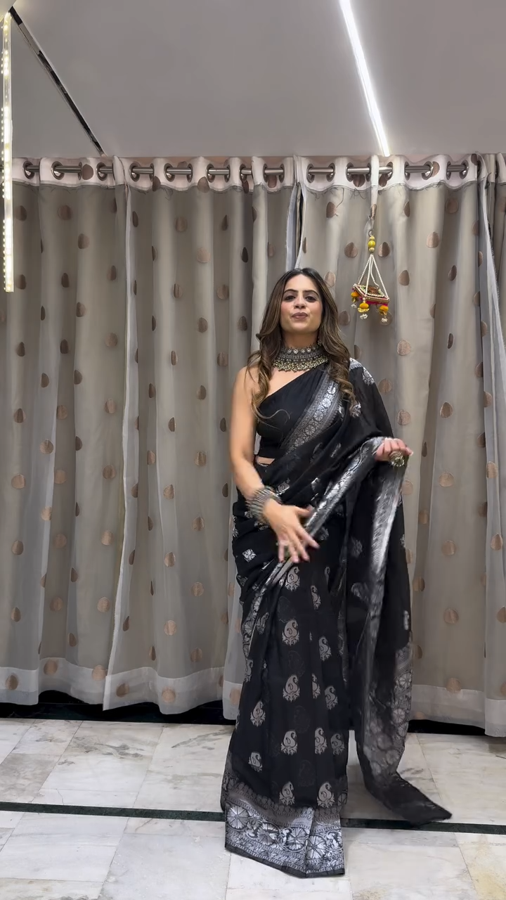 Women's Black Designer Saree with Silver Woven Motifs