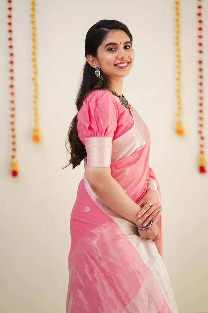 Women's Emerald Pink Saree with Silver Zari Border