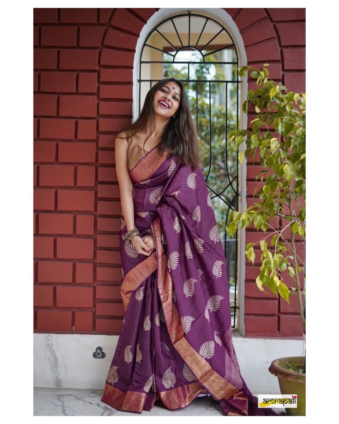 Women's Charcoal Wine Silk Saree with Golden Leaf Motifs