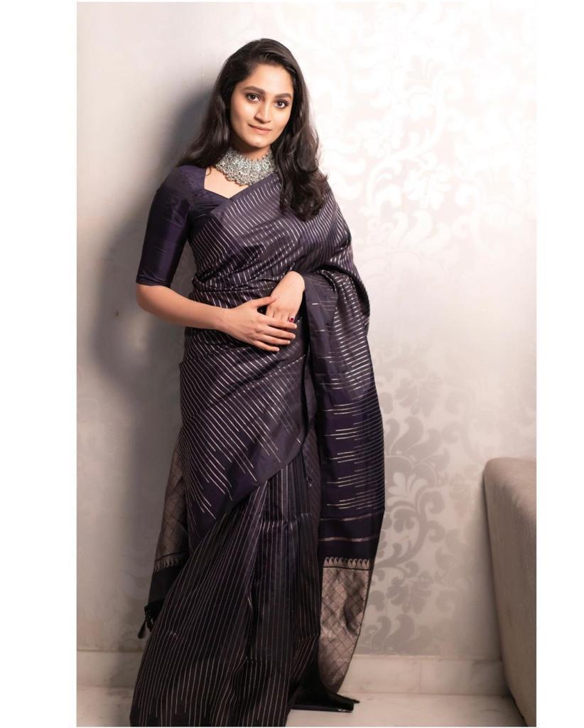 Women's Midnight Black Linen Silk Saree with Metallic Striped Design & Designer Tassel Pallu