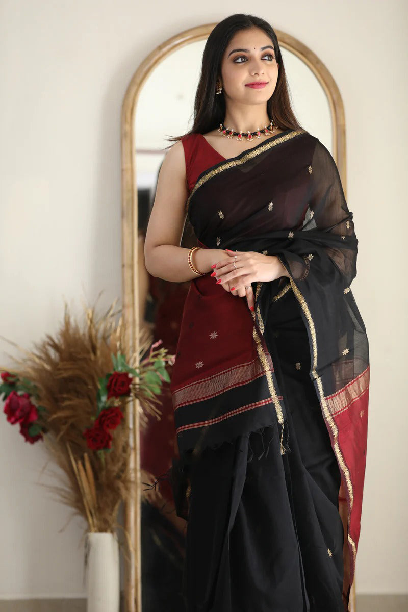 Artistic Black Cotton Silk Saree With Marvellous Blouse Piece