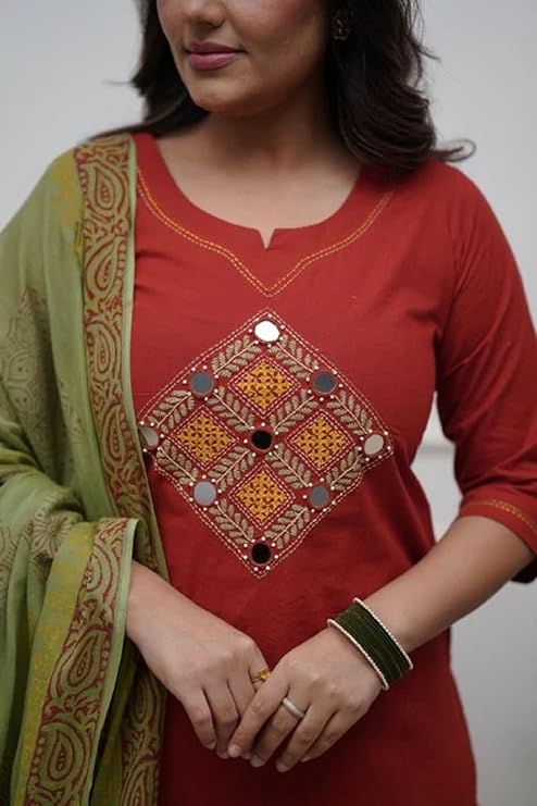 Embroidered Cotton Kurta Pant Set with Dupatta