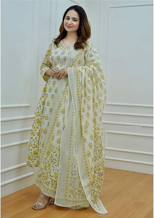 Mustard Yellow Cotton Kurta with Afghani Pant Set for Women
