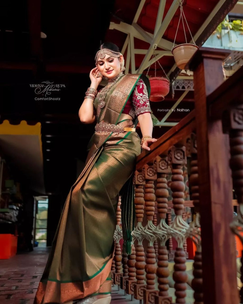Printed Banarasi Jacquard Saree (Green)