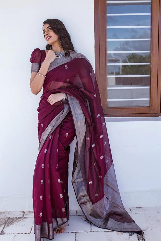 Women's Emerald Wine Saree with Silver Zari Border