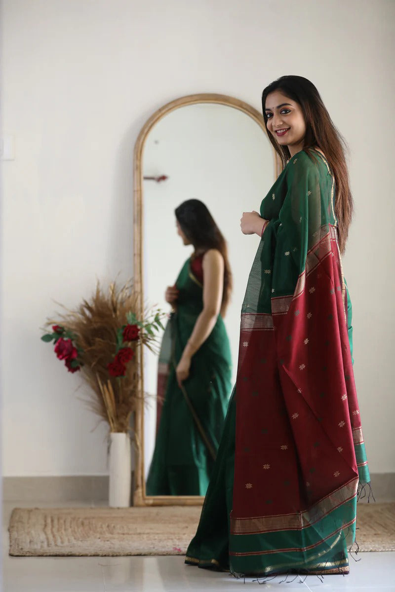 Snazzy Green Cotton Silk Saree With Prodigal Blouse Piece
