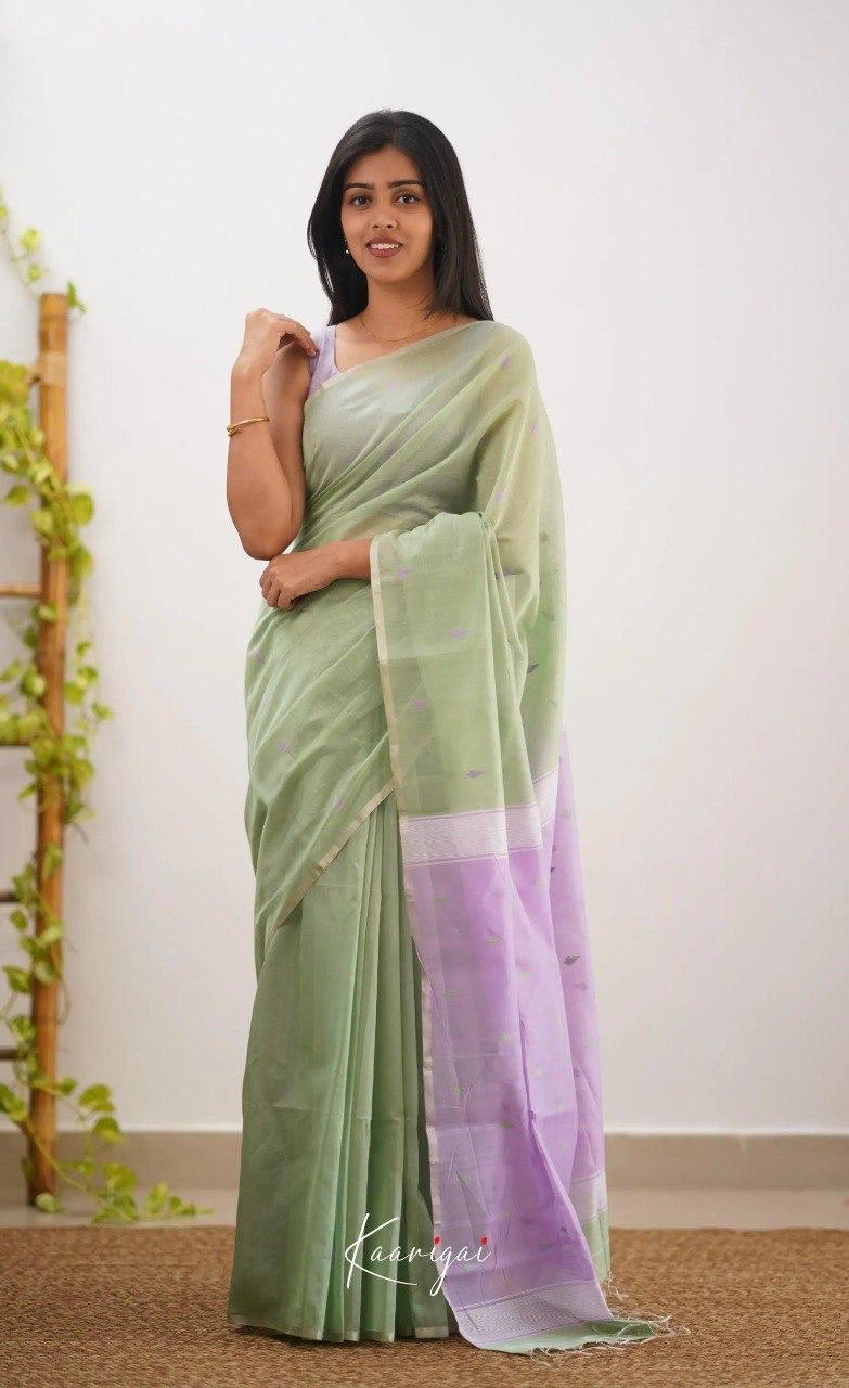 Women's Sage Green Organza Saree with Delicate Woven Motifs & Lavender Contrast Pallu