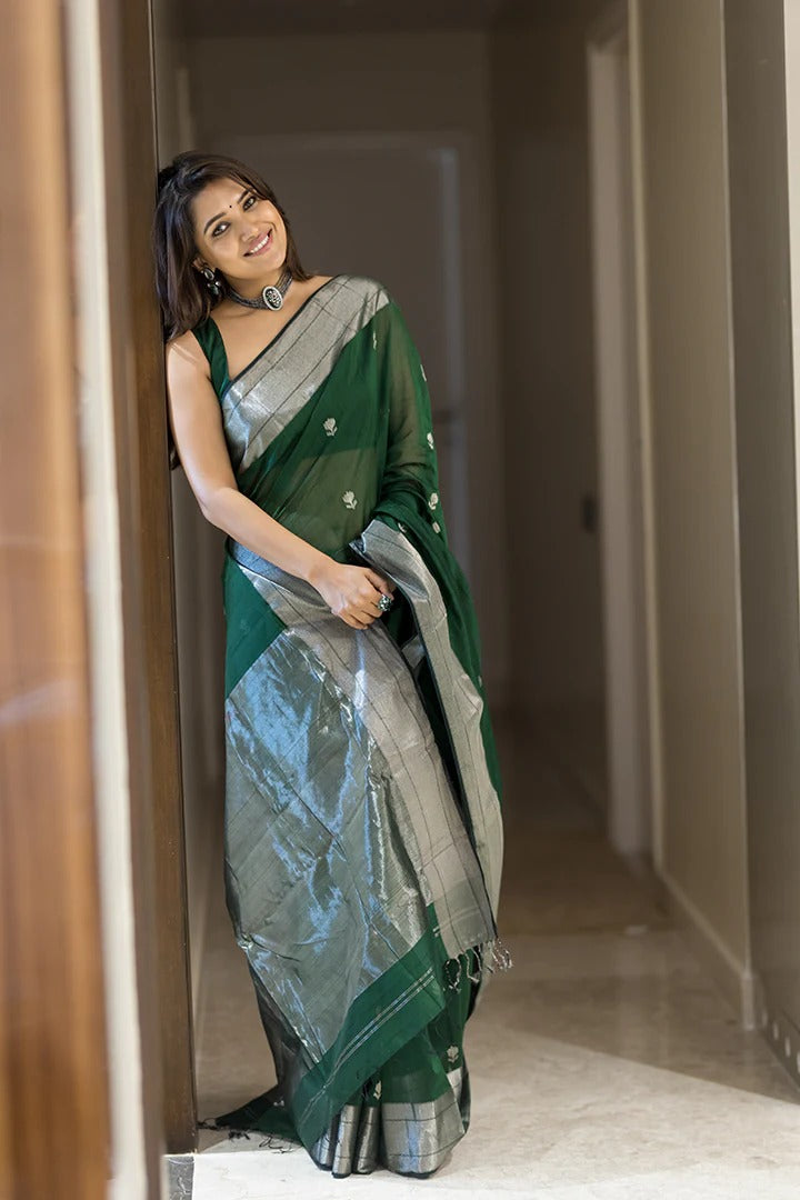 Women's Emerald Green Saree with Silver Zari Border