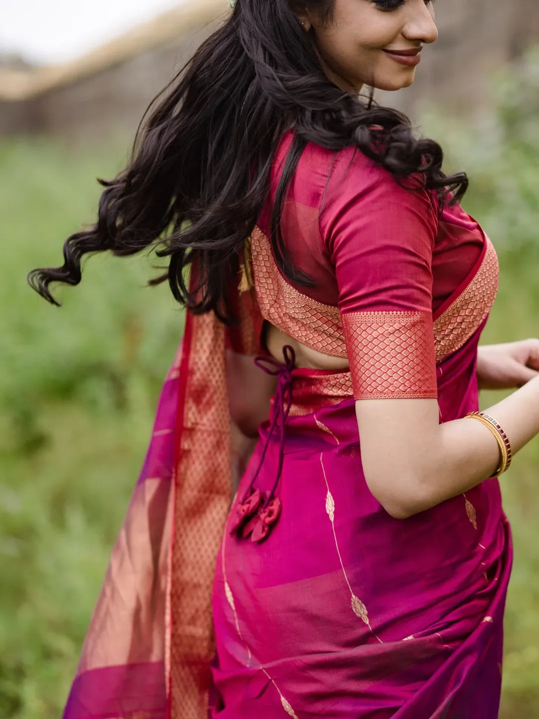 Women's Magenta Pink Silk Saree with Golden Zari Border