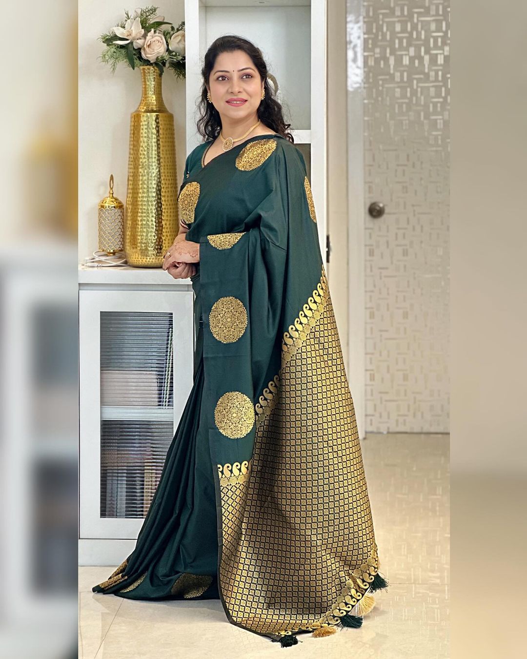Elegant Bottle Green Silk Saree with Gold Polka Motifs & Rich Designer Pallu
