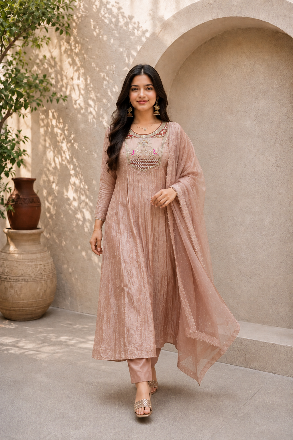 Premium Blush Pink Embroidered Salsa Anarkali Kurta Set with Dupatta