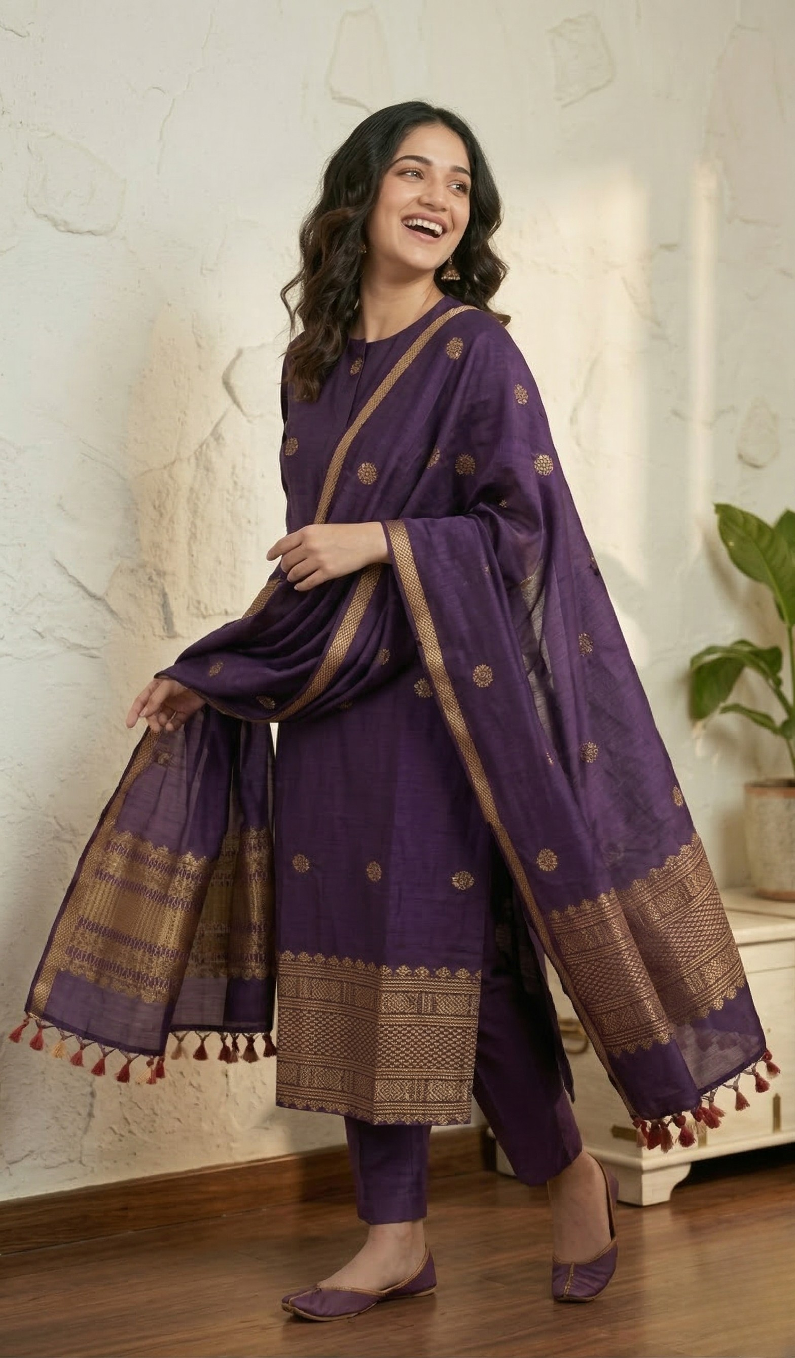 Elegant Purple Kurta Pant Set with Gold Motif Work & Border Dupatta