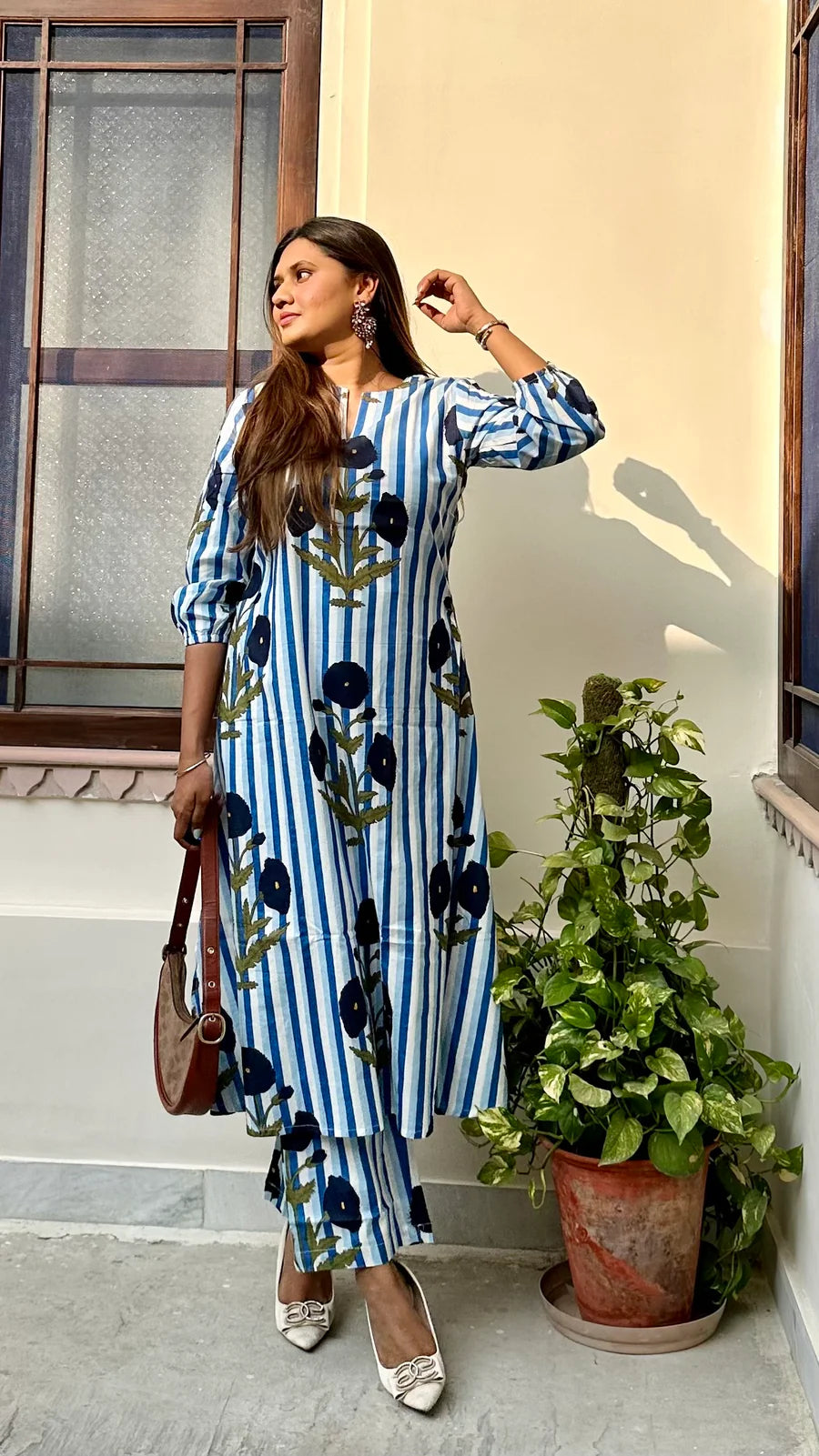 Blue & White Striped Floral Printed Cotton Kurta Set for Women